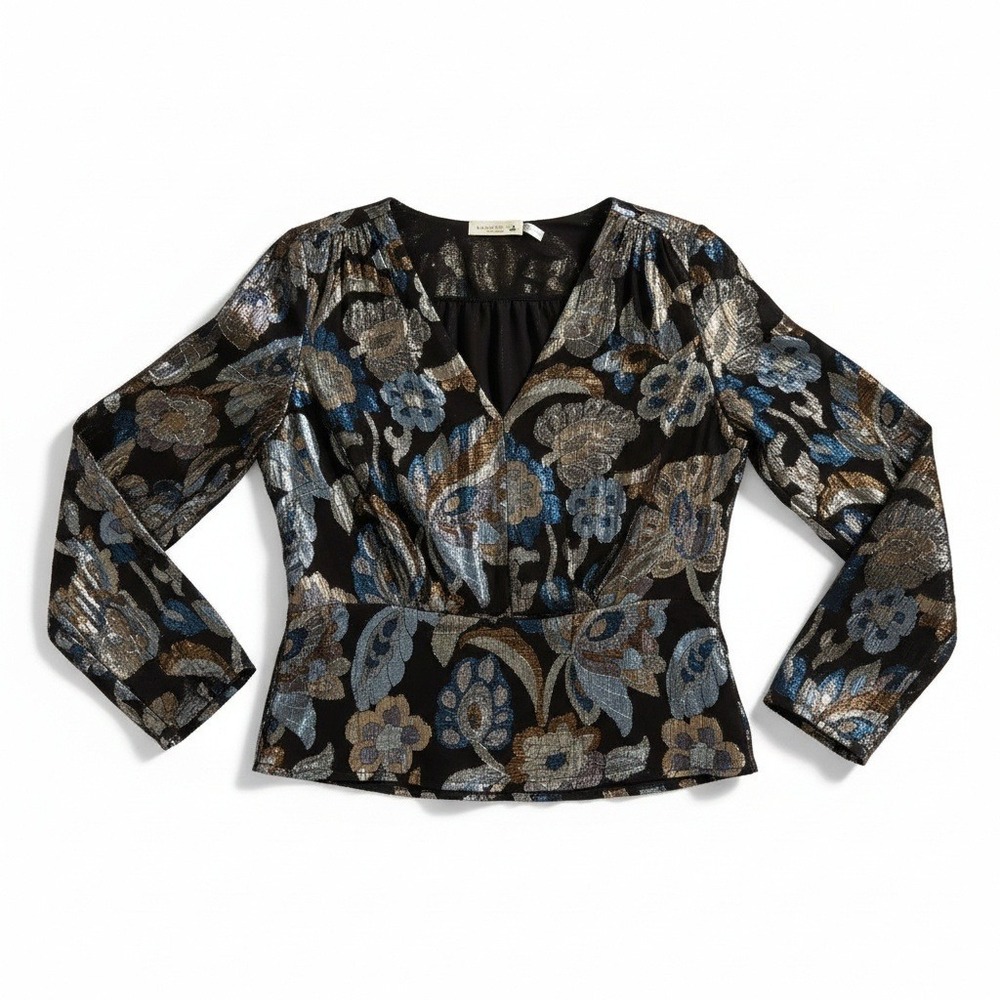 Ramy Brook Floral Jacquard Metallic Blouse 2 Black Blue Gold Silk Blend‎ Luxe